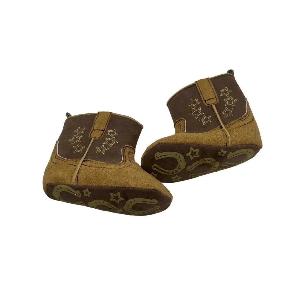 Rising Star Infant Cowboy Cowgirl Brown Boots 6 - 9 Months Faux Suede Horseshoe
